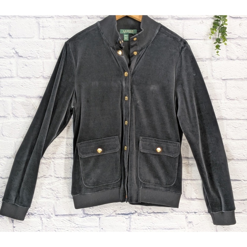 LRL! Lauren Ralph Lauren Womens L Black Gold Snap Velour Tracksuit Top Jacket